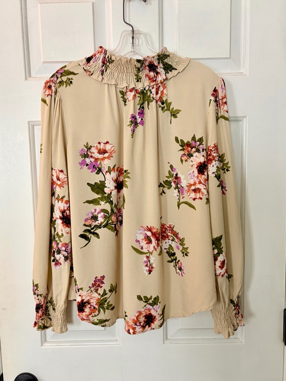 Ces Femme Cream Floral Smocked Mock Neck Long Sleeve Top